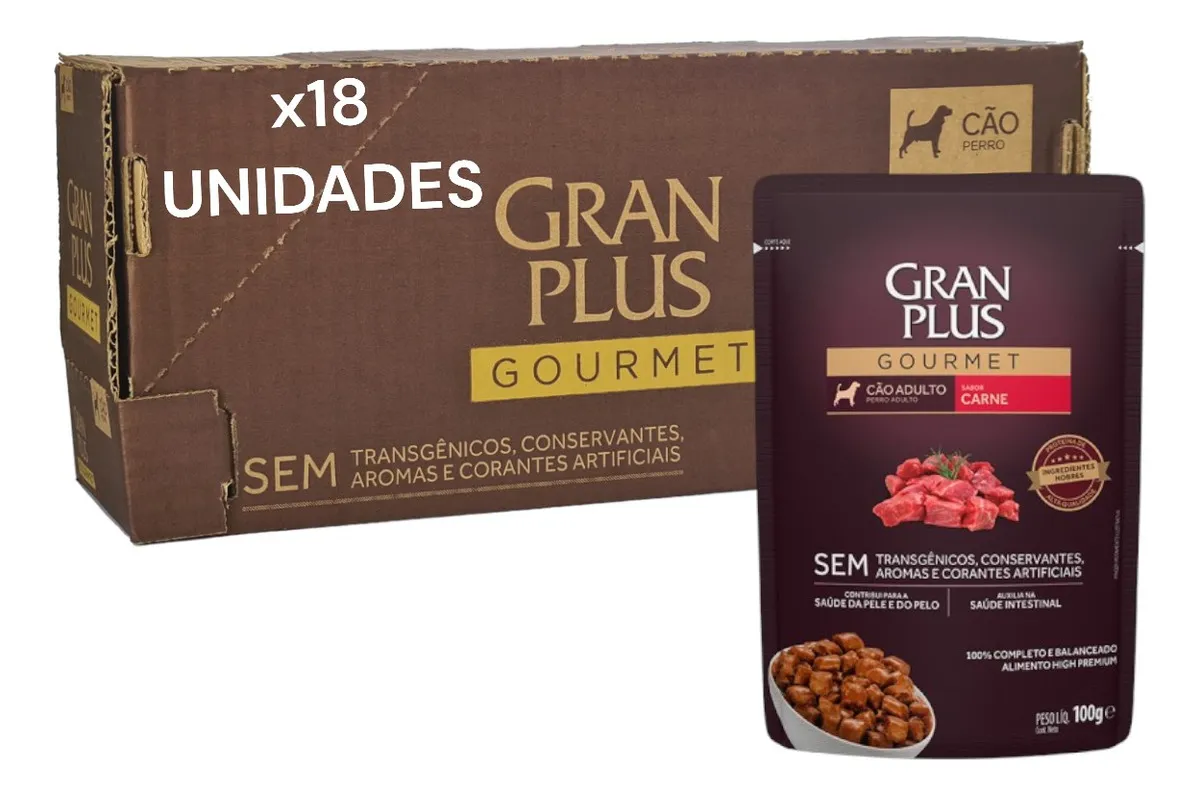 Caixa Ração Úmida Granplus Carne Cães Adultos 18 Sachês, 100g cada